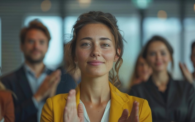 Photo businesswoman clapping during a meeting in a modern office