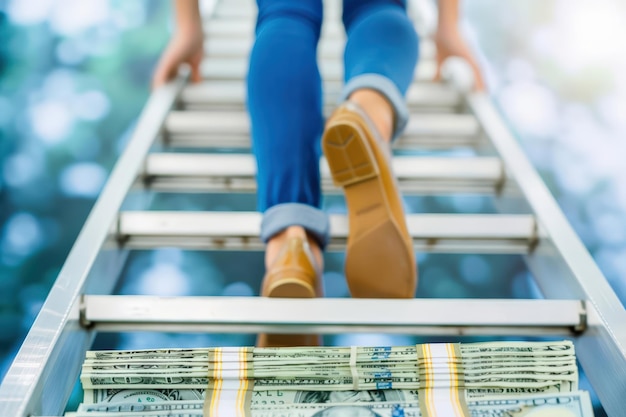 Businesswoman climbing a ladder made of money to reach the top ambition financial growth Generative AI Illustration