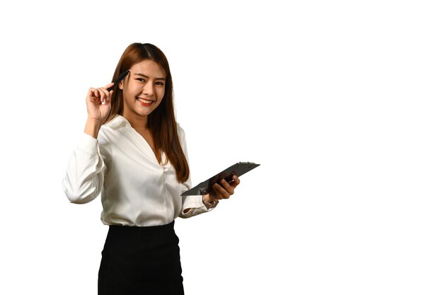 Businesswoman clipboard and smiling to camera isolated on white background