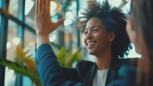 Businesswoman and Colleague Celebrating Success with High Five in Meeting Room