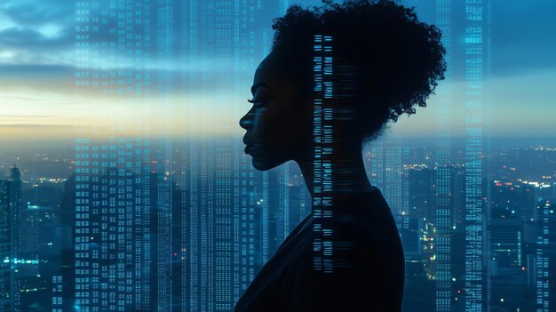 Photo businesswoman contemplating city skyline with binary code overlay