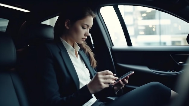 Businesswoman in a contemporary vehicle holding a smartphone The Generative AI