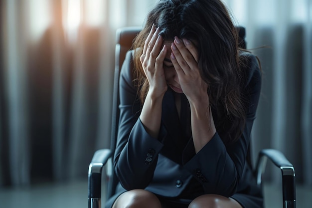 Businesswoman covering her face with hand for stress illustration