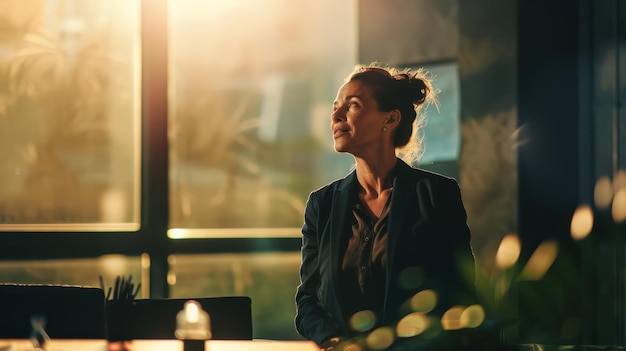 A businesswoman in a dimly lit office looks thoughtfully out of a large window as golden sunlight filters through creating a reflection of contemplation