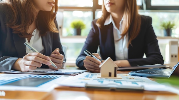 Businesswoman discussing calculating home project purchase budget and calculating financial