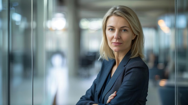 businesswoman displaying confidence modern office space with grayblue accents