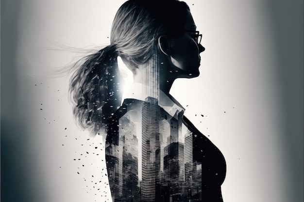 Businesswoman double exposure with city background