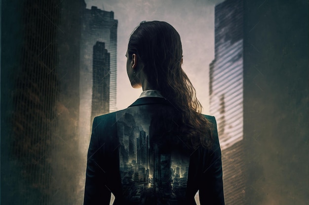 Businesswoman double exposure with city background