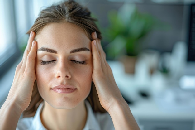 Photo businesswoman exercises at work to relieve computer eye strain