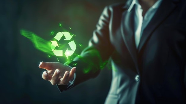 businesswoman extends her hand to a virtual touch screen with a recycling symbol