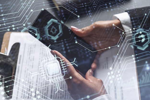 Businesswoman in formal wear checking the phone to sign the contract to create a software to present it at start up conference and gain investments for innovative service Hologram tech graphs