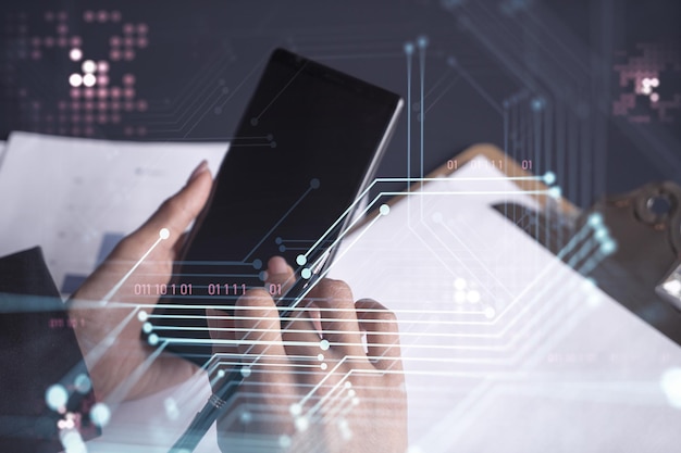 Businesswoman in formal wear checking the phone to sign the contract to create a software to present it at start up conference and gain investments for innovative service Hologram tech graphs