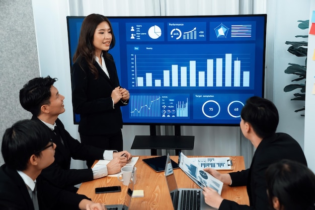 Businesswoman give presentation on dashboard data on screen at harmony office