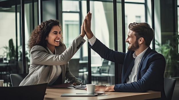 Businesswoman giving a high five to male colleague in meeting Business professionals high five during a meeting in boardroom