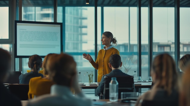 Businesswoman giving a presentation to a diverse audience in a modern conference room setting