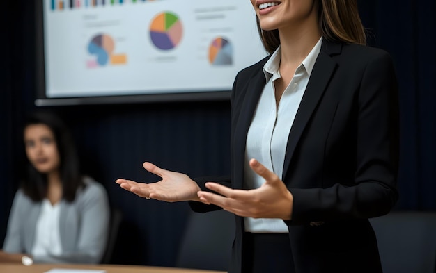 Photo businesswoman giving presentation with open palms and chart in background