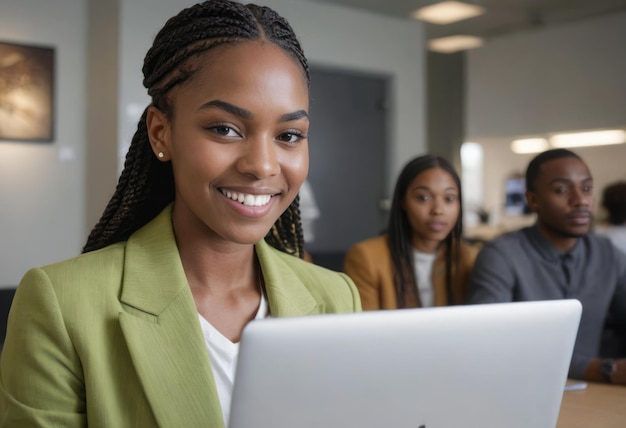 Businesswoman in green blazer working with laptop