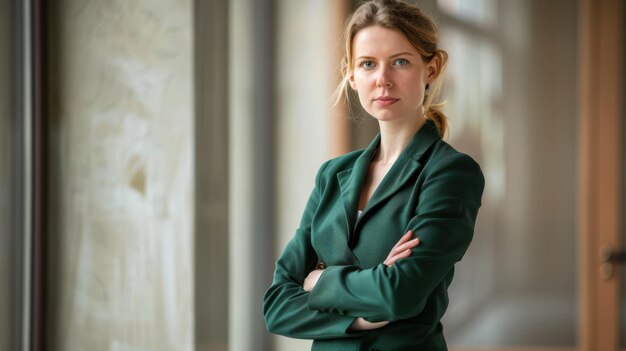 Photo businesswoman in a green suit standing with arms crossed looking assertive in a corporate setting