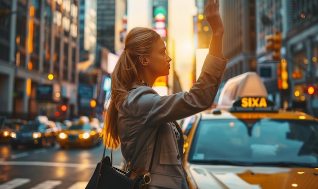 Photo businesswoman hailing a taxi in the midst of city rush hour