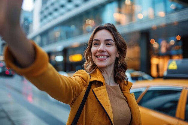 Photo a businesswoman hailing a taxi outside of a conference center