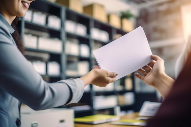 Photo businesswoman handing her colleague a document