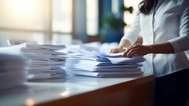 Businesswoman hands working in Stacks of paper files for searching information on work desk in office business report papers ar 169 v 52 Job ID 41babdc7fda240eb995fa3f47a844757