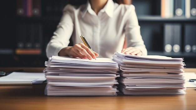 Photo businesswoman hands working in stacks of paper files for searching information on work desk in office business report papers ar 169 v 52 job id 41babdc7fda240eb995fa3f47a844757