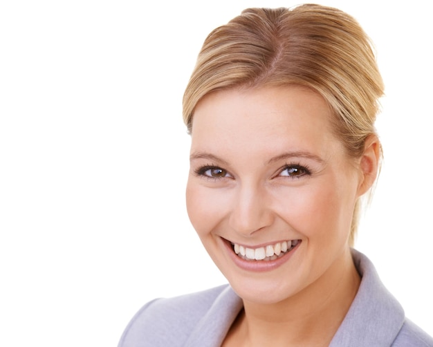 Businesswoman happy and portrait in studio with makeup style and job pride with mockup space Professional entrepreneur face and natural beauty with smile confidence and white background