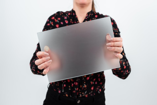 Businesswoman Holding Blank Placard And Making Important Announcement Woman Wearing Floral TShirt Showing Board Presenting New Ideas For Marketing The Business