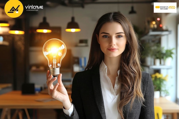 Businesswoman Holding Lightbulb Symbol of New Ideas and Innovation