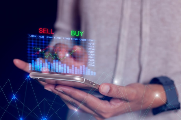 Businesswoman holding phone for stock trading, financial investment, banking, stock market on candlestick charts and graphs.