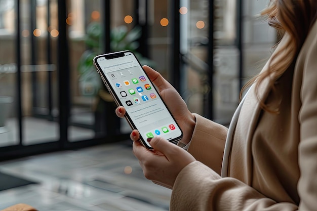 Businesswoman Holding Smartphone Showing Financial Apps