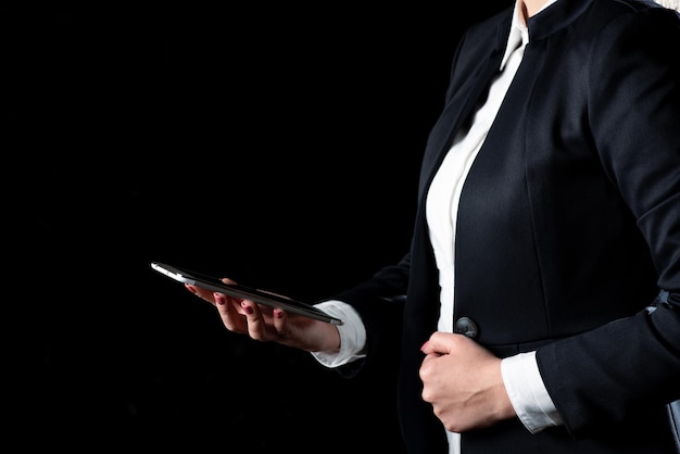 Businesswoman holding tablet and presenting important message woman having phone in hands and