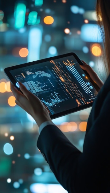 Businesswoman holding tablet with holographic cybersecurity system and financial data in office