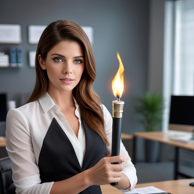 businesswoman holding torchin office