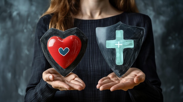 Businesswoman holds a virtual shield with a heart icon in one hand and a virtual medical cross with the other minimalistic drawing drawing without light