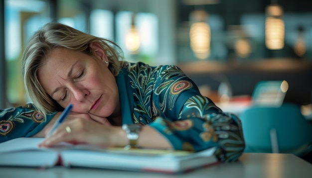 Photo a businesswoman is depicted taking a power nap in her office her peaceful sleep and relaxed