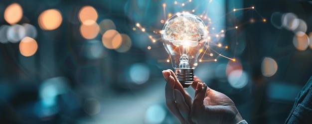 Businesswoman is holding a light bulb with a brain inside symbolizing the power of new ideas