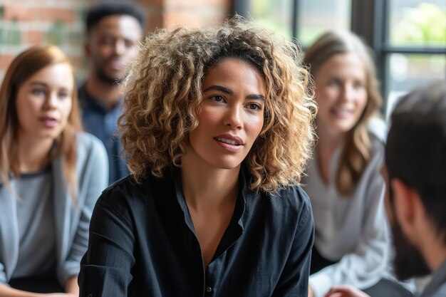 businesswoman is a leader who inspires his team in office