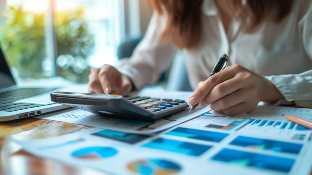 A businesswoman is working on her finances She is using a calculator to add up her expenses