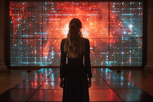 Photo a businesswoman leading a team discussion in a room with a digital floor that displays