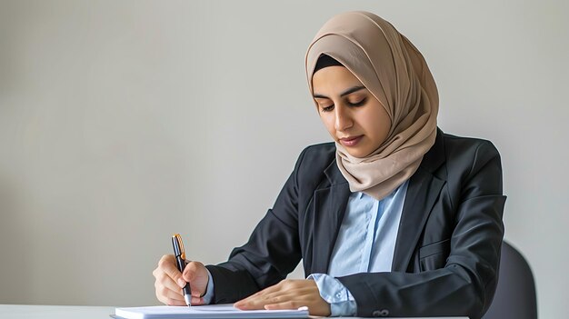 Photo businesswoman in light blue shirt and black blazer writing in notebook at office meeting table