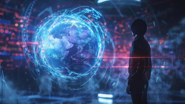 Photo businesswoman looking at hologram globe and binary code global network concept