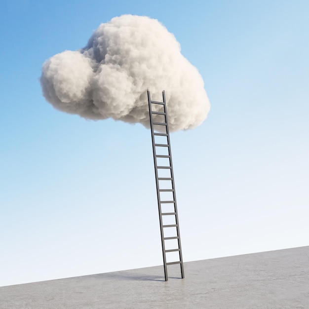 Businesswoman looking at ladder leading to cloud on blue sky and beautiful landscape background Up and success concept