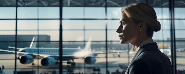 Businesswoman looking out of a large airport terminal window at the planes and departures terminal of an international airport