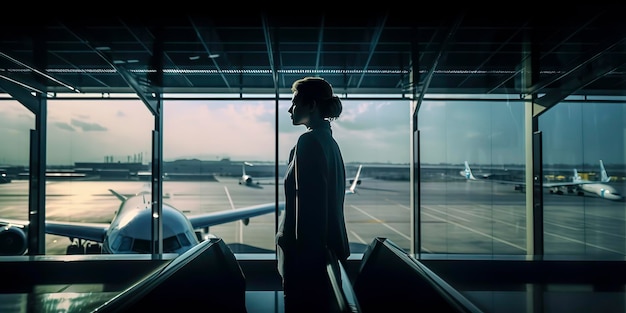 Businesswoman looking out of a large airport terminal window at the planes and departures terminal of an international airport