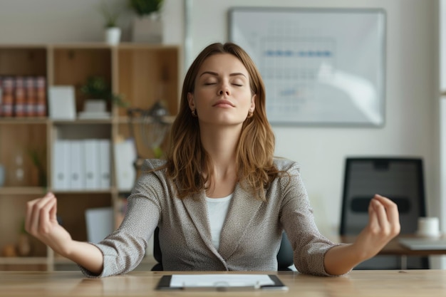 Photo businesswoman meditates at work stays calm ignores distractions