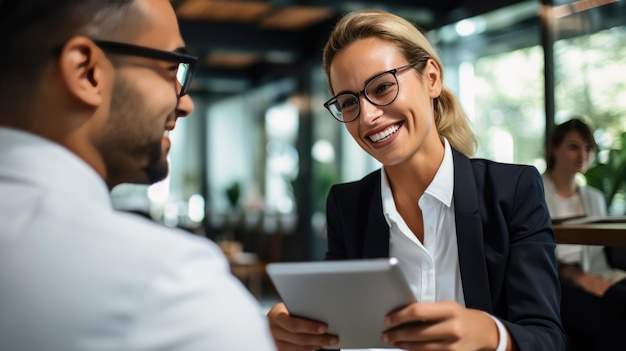 Businesswoman during meeting in the office with a tablet in her hands