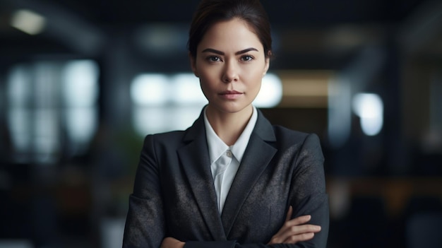 Businesswoman in a modern office setting standing with her arms crossed Generative AI image