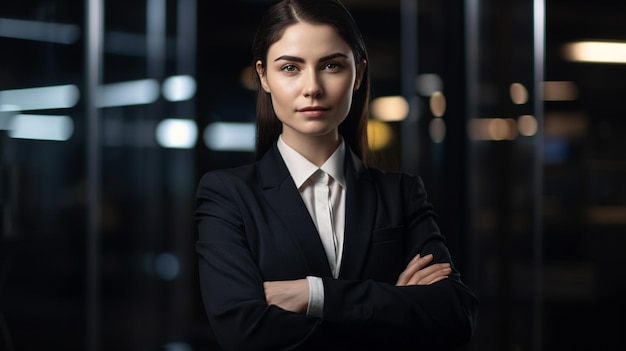 Businesswoman in a modern office setting standing with her arms crossed Generative AI image